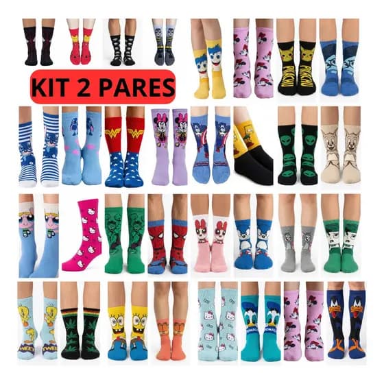 Kit 2 Meias Divertidas Cano Longo Estampada Frio Personagem