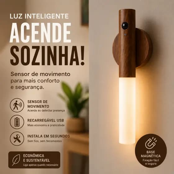 Luminária LED Sensor de Movimento Recarregável USB Sem Fio Luz Noturna Parede Amadeirada