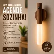 Luminária LED Sensor de Movimento Recarregável USB Sem Fio Luz Noturna Parede Amadeirada