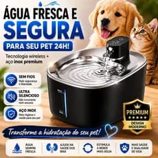 Bebedouro Automático Pet Fonte de Água Sem Fio para Gatos e Cachorros Aço Inox Silencioso