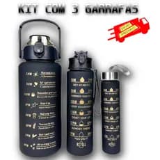 kit Com 3 Garrafas Pretas Frases Motivacionais 2000ML 900ML 300ML Com Adesivos