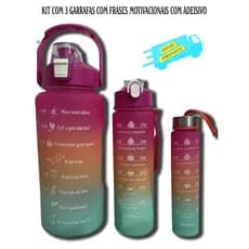 "Kit 3 Garrafas de Água Squeeze com Adesivos: Lembretes para Beber Água" Garrafa De Água Squeeze para Academia: 2000ml, 500ml e 900ml + Adesivos Portáteis"
