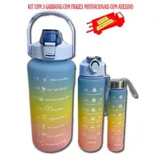 Kit 3 Garrafas de Água Squeeze com Adesivos 3D Lembretes para Beber Água Garrafa De Água Squeeze para Academia Escola Diversas Atividades 2000ml, 300ml e 900ml