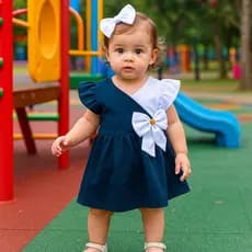 Vestido bebê com Laço e Manga de Babado e Manga Longa Roupa Bebê Menina Verão