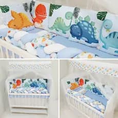 Kit de Enxoval para Mini Berço Conjunto 13 Peças Sublimado Modelo Dinossauro Para Bebê Menino