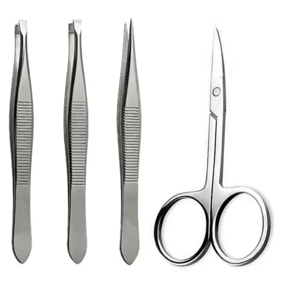 Kit 3 Pinças Profissional (Reta + Chanfrada + Ponta Agulha) + Tesoura Tesourinha Sobrancelhas