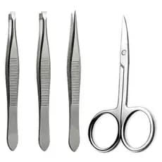 Kit 3 Pinças Profissional (Reta + Chanfrada + Ponta Agulha) + Tesoura Tesourinha Sobrancelhas