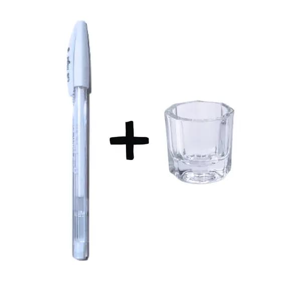 Kit copo dappen de vidro e Caneta gel branca para marcação e designer de sobrancelhas