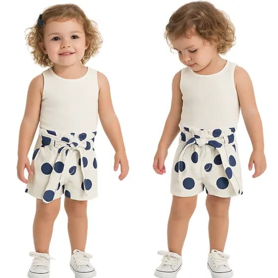 Short Clochard Poá Azul Menina Infantil em Linho com Cinto 1 ao 3