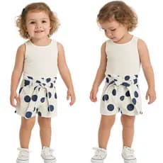 Short Clochard Poá Azul Menina Infantil em Linho com Cinto 1 ao 3