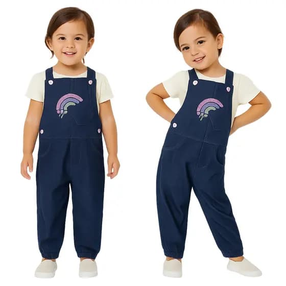 Jardineira Jeans Infantil Menina com Bordado de Arco-íris – Tam 1 a 3 anos