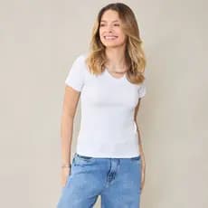 Blusa Feminina Manga Curta Decote V Branca Basic Sou
