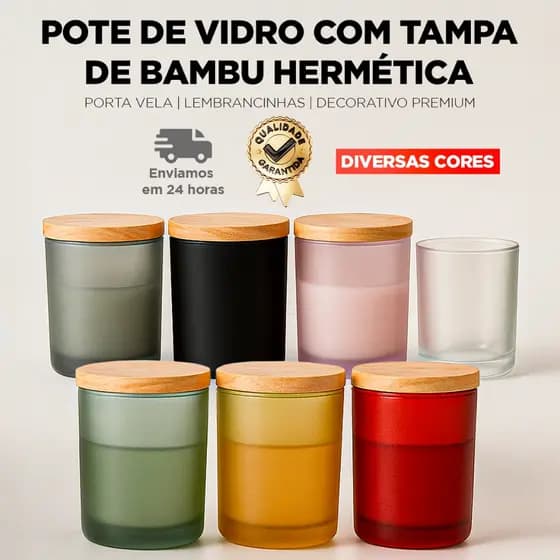 Pote De Vidro CORES com Tampa De Bambu Hermética – Porta Velas | Lembrancinhas | Decorativo Premium