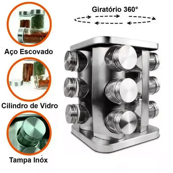 Porta Temperos Quadrado Giratório 12 Peças Vidro Suporte Inox