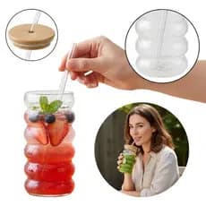 Copo De Vidro Forma de Onda com Tampa E Canudo Gomado 550ml