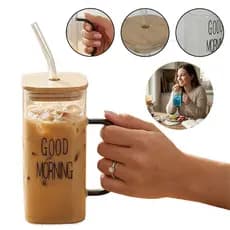 Copo De Vidro Good Morning com Tampa E Canudo Drinks 400ml