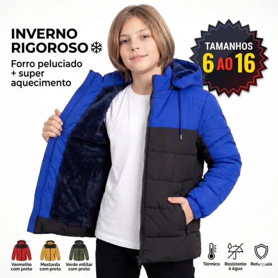 Jaqueta Puffer Infantil Menino Forrada Bobojaco Reforçada Capuz Removível Casaco Frio Grosso