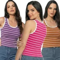 Kit 3 Regata Feminina Canelada Ribana Blusinha Listrada Básica Casual Tendência Moda Blogueira