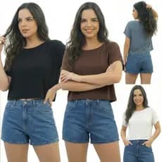 Kit 3 Cropped Suplex Feminina Blusinha Quadrada Camisa Soltinha Básica Casual Tendência Blogueira