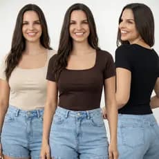 Kit 3 Blusinha Feminina Canelada Básica Gola Quadrada Com Manga Curta Camisa TShirt Blusa Casual
