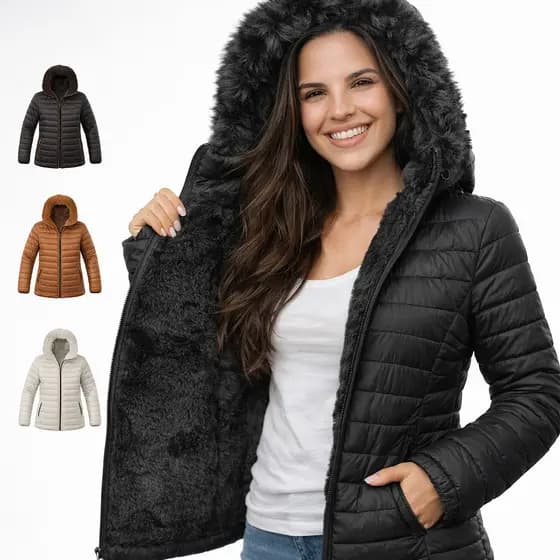 Jaqueta Bobojaco Feminina Peluciada Puffer Forrada Original Capuz Removível Casaco de Frio Inverno Gominho Plus Size