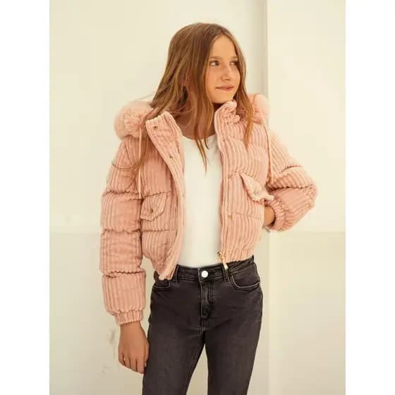 Jaqueta Infantil Menina Puffer Cotelê Juvenil Forrada Peluciada Original Capuz Removível Casaco Frio