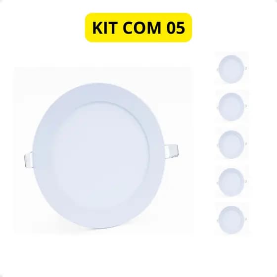 Kit Com 5 Painel Led Slim Moderno Embutir Redondo 18W 3000K Branco Quente