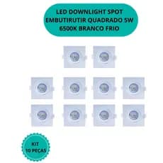LED DOWNLIGHT SPOT EMBUTIRUTIR QUADRADO 5W 6500K BRANCO FRIO KIT 10