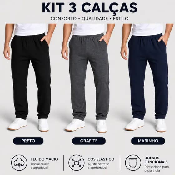Kit 3 Calças Adulto Moletom Básico Unissex com 2 bolsos frontais Dalri 078 Tamanho P ao GG Composição Algodão/Poliéster