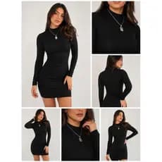 Vestido Canelado Manga Longa Gola Alta Tubinho Feminino Simples