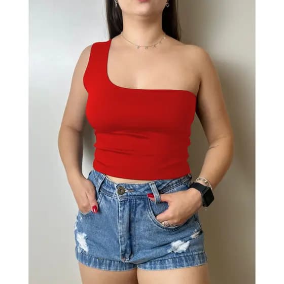 Top Cropped Um Ombro Só Sem Manga Básico