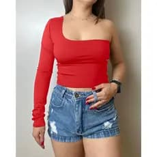 Top Cropped Ombro Nu Manga Longa Básico Verão