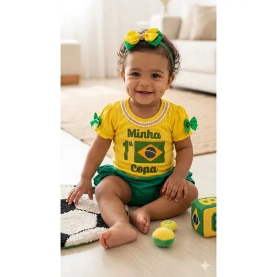 Fantasia 1° Copa do Mundo bebê, body amarelo, body Brasil, Brasil mesversário,Copa do Mundo, tapa fraldas verde