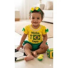 Fantasia 1° Copa do Mundo bebê, body amarelo, body Brasil, Brasil mesversário,Copa do Mundo, tapa fraldas verde