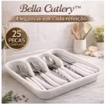 Kit Talheres Bella Cutlery 25 Peças Inox Branco com Organizador Faqueiro Completo Cozinha Mesa Posta