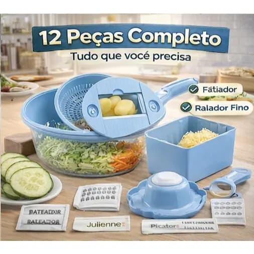 Cortador de Legumes Multifuncional 12 Peças Cucina TurboCut Fatiador Ralador Descascador Cozinha