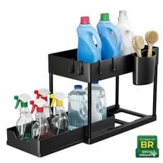 Organizador Multiuso 2 Andares Suporte Banheiro Cozinha com Gaveta Deslizante Premium Preto Reforçado