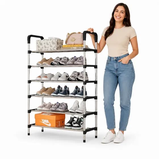 Sapateira Multiuso 6 Prateleiras 120cm Sapateira Vertical 18 Pares De Sapatos Calçados Aço Cromado Luxo Desmontável