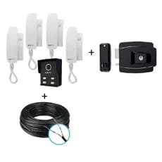 Kit Porteiro Coletivo Interfone 4 Pontos 4 Fones Fechadura Elétrica + 100 metros Cabo