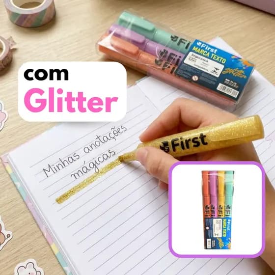 Kit Marcador de Texto Marca Texto com Glitter Estojo 4 Cores da First Caneta Escolar