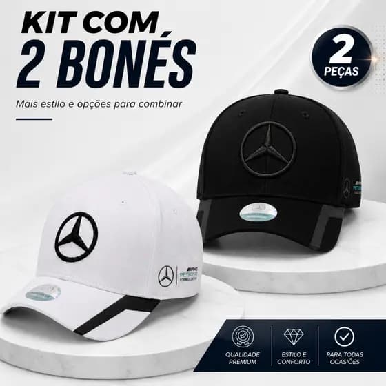Kit 2 Bonés Mercedes AMG Petronas Aba Curva Ajustável Unissex Estilo Esportivo