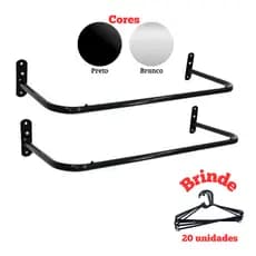 Kit 2 Arara de Parede 80cm, 1M ou 1.20m Branca ou Preta + Cabide