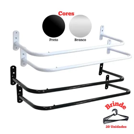 Kit 2 Arara de Parede + Cabide, até 1.20 m Branca ou Preta