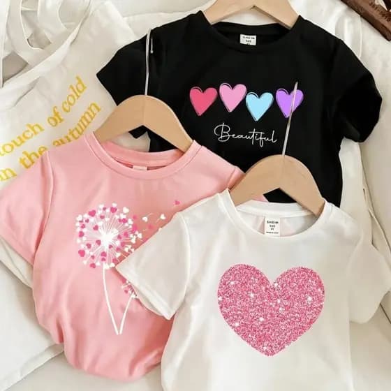 Kit 3 Camiseta Infantil Feminina Coração Fofinha Minimalista Blusa Para o Dia a Dia 100% Algodão