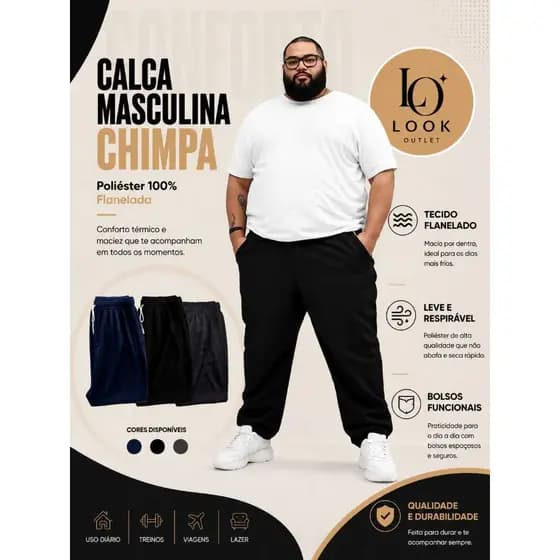 Calça Chimpa Plus Size Masculina Esportiva Flanelado Lisa com Bolso Academia e Casual.