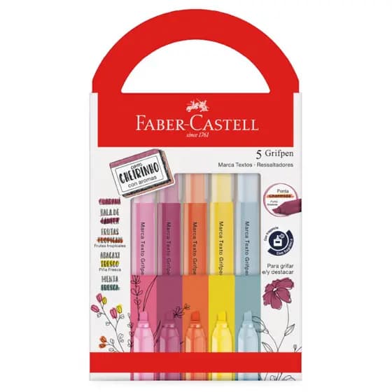 Kit Caneta Marca Texto 5 Cores Revigora e Energiza C/ Cheirinho Faber-Castell