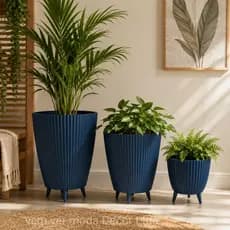 Kit Combo 3 Vasos Canelados com Pés Coluna+Bojo+Cachepot Decorativo para Plantas Jardim Sala Vem Ver Moda Decor Ltda