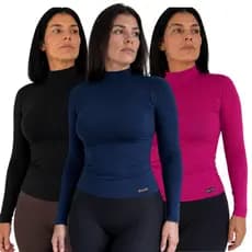 Kit 3 Blusa Cacharrel Feminina Manga Longa Segunda Pele Viscolycra Gola Alta