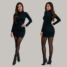 Vestido Feminino Manga Longa Gola Alta Curto  inverno