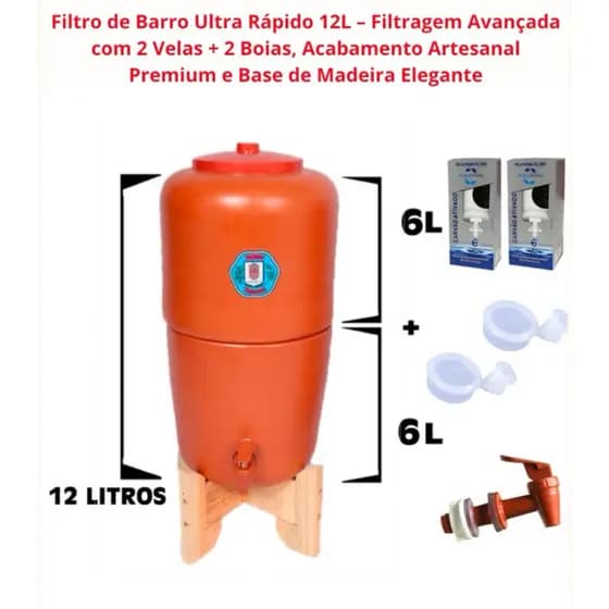 Filtro de Barro Gourmet 12L - Filtragem Avançada com 2 Velas + 2 Boias, Base de Madeira